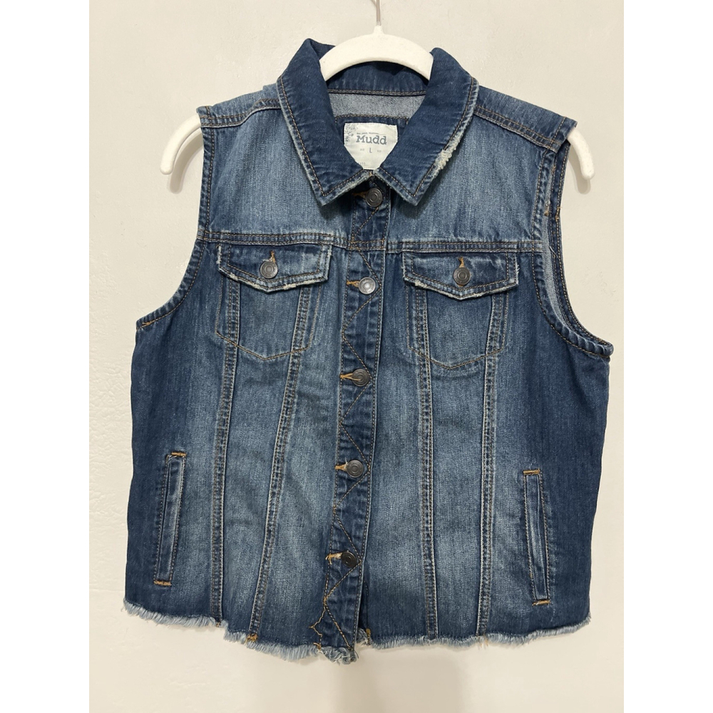 Mudd Y2K 90s Denim Vest Women’s L‎ Blue Jean Distressed Dark Wash Frayed Hem
